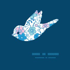 Vector blue and pink kimono blossoms bird silhouette pattern frame N2