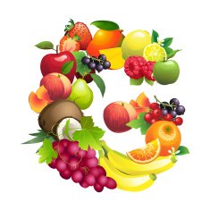 Letter G composed of different fruits with leaves