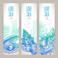 three banners with shells
