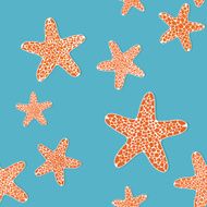 Orange starfishes on a sandy background Seamless vector pattern