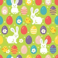 Seamless pattern with easter eggs rabbits and chickens