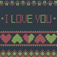 Vector Valentines day greeting card with cross stitch embroidery