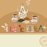 Vintage tea time greeting card on abstract background