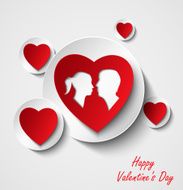 Valentine card with red hearts and lovers
