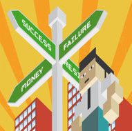 Businessman and city street road sign to success