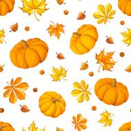 Seamless pattern with pumpkins and autumn leaves Vector illustration