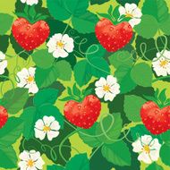 Seamless pattern Strawberries in heart shapes with flowers and leaves