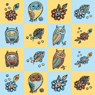 Vector patchwork background with owls and flowers N2