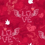 Valentines Day seamless pattern with hand drawn hearts keys birds N2