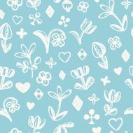 Seamless blue curly pattern with flowers and hearts N2