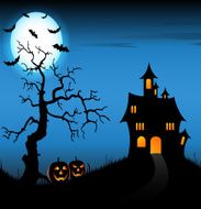 Halloween night background with castle and pumpkins