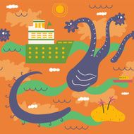 Amiable sea monster playing with ships Vector seamless background