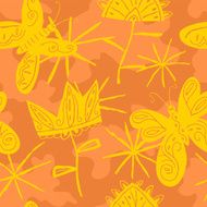 Joyful sunny butterflies and summer flowers Vector seamless pattern