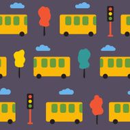 Elegant pattern with yellow buses trees and traffic lights