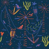 Colored birds in the jungle Seamless vector background