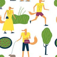 Stylish foxes in the park Vector seamless pattern