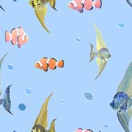 Fishs in water with bubbles seamless background