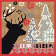 Burlap kitschy vintage Christmas greeting design deer head and trees