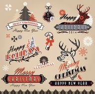 Assorted retro vintage Christmas labels designs on beige background