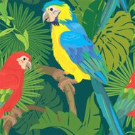 Seamless pattern with Blue Yellow and Red Macaw parrots