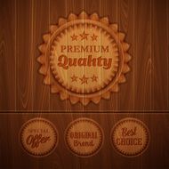 Badges on a wooden background Vector illustration