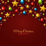 Christmas colorful balls and golden stars on purple striped background N2