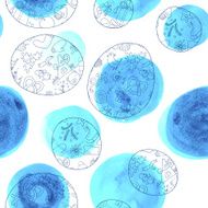 Watercolor blu circles seamless background with drawing Xmas gifts