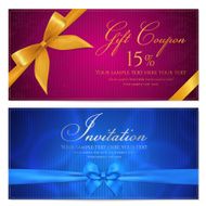 Gift Voucher coupon template with blue and gold bow (ribbons)