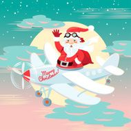 Waving Santa Claus flying on the plane with sack