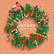 Festive christmas wreath with candy bullfinch and wooden letter