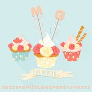 Festive wedding cakes with decorative wooden letters Flat style N2
