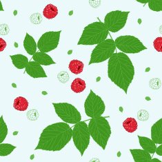 Seamless pattern with raspberries and green raspberry leaves on