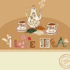 Vintage tea time greeting card on abstract background