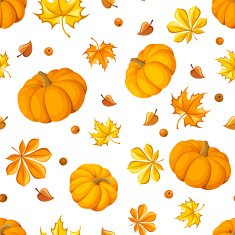 Seamless pattern with pumpkins and autumn leaves Vector illustration
