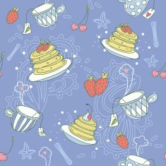 Colorful pattern with pancakes tea cups cherry and strawberry N2