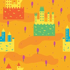 Fantastic landscape with colored castles Vector seamless pattern