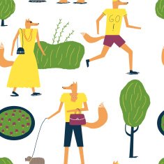 Stylish foxes in the park Vector seamless pattern