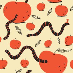 Funny worms like to eat apples Vector seamless pattern