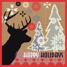 Burlap kitschy vintage Christmas greeting design deer head and trees