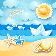 Seascape with sun seashells and paper boat