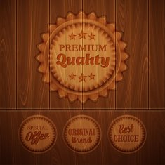 Badges on a wooden background Vector illustration