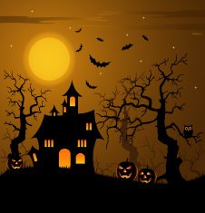 Halloween haunted castle with bats background