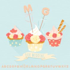Festive wedding cakes with decorative wooden letters Flat style N2