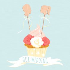 Festive wedding cakes with decorative wooden heads of groom (fia N2