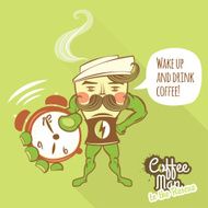 Coffee man character standing and showing ringing clocks N2