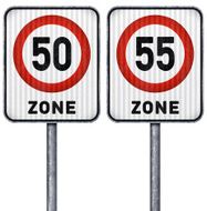 Two rectangular speed limit zone 50 and 55 road signs