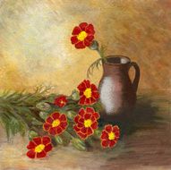 Acrylic painted marigold flowers arrangement with ceramic vase