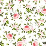 Seamless pattern with pink roses and green leaves Vector illustration