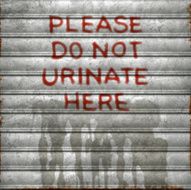 weathered garage roll-up sheet door with airbrushed no urinate text vector