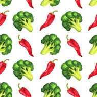 Watercolor seamless pattern with broccoli and red chili peppers N2